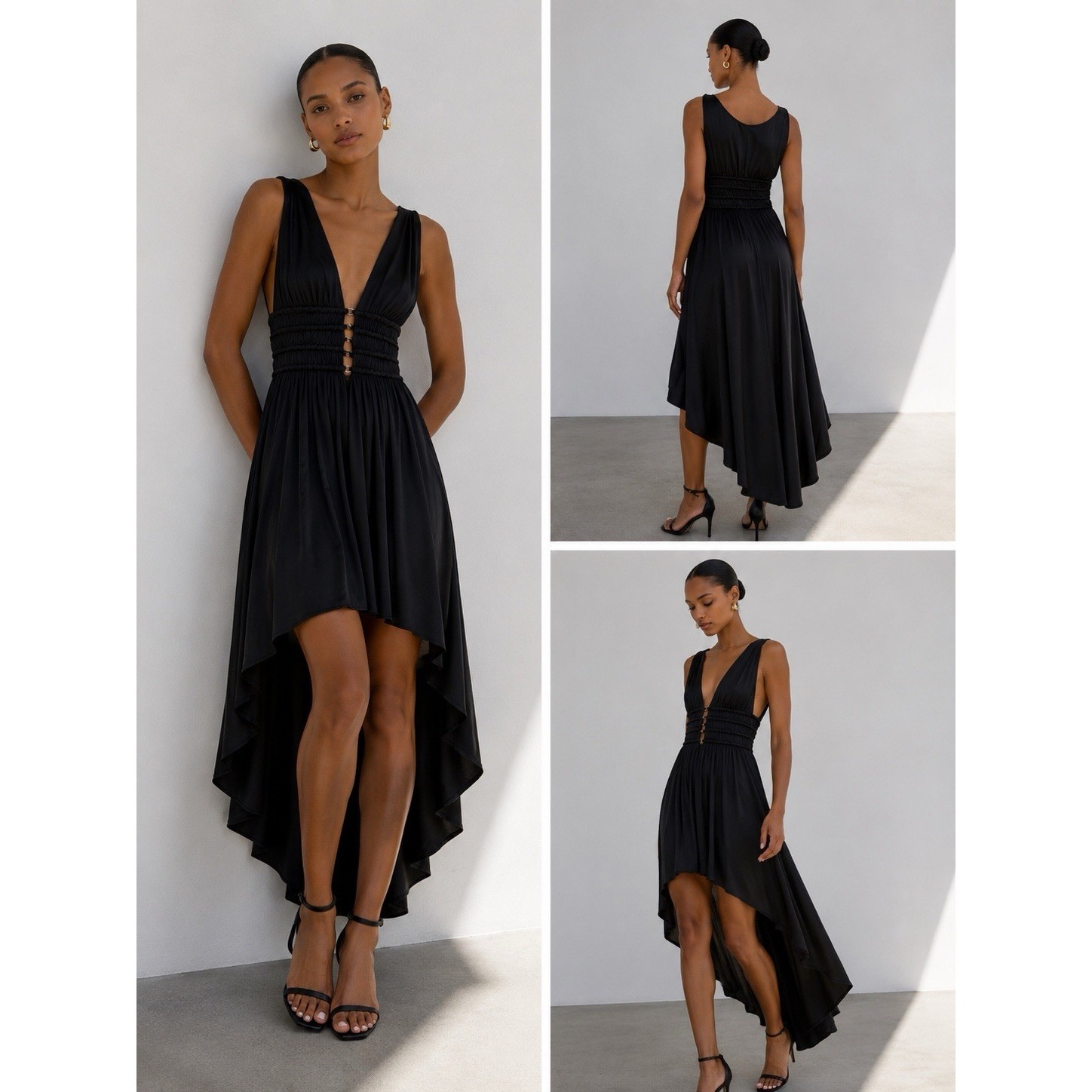 Maje Black Satin Beaded Maxi Dress Open Back Deep V Evening Gown 100% Viscose 40